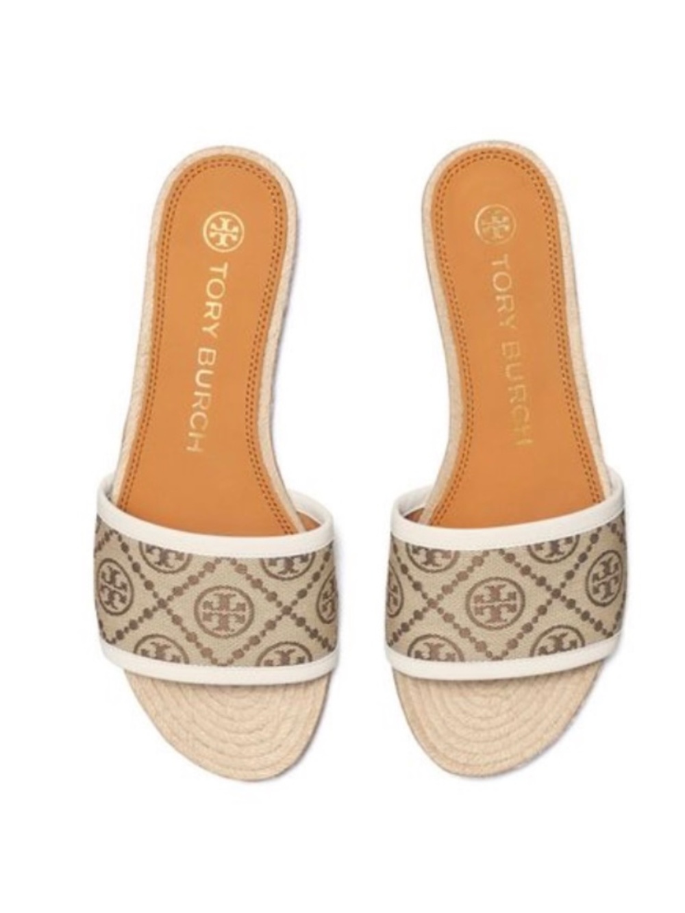 Tory Burch T Monogram Espadrille Slide Hazel Jacquard Nappa Leather Size 8